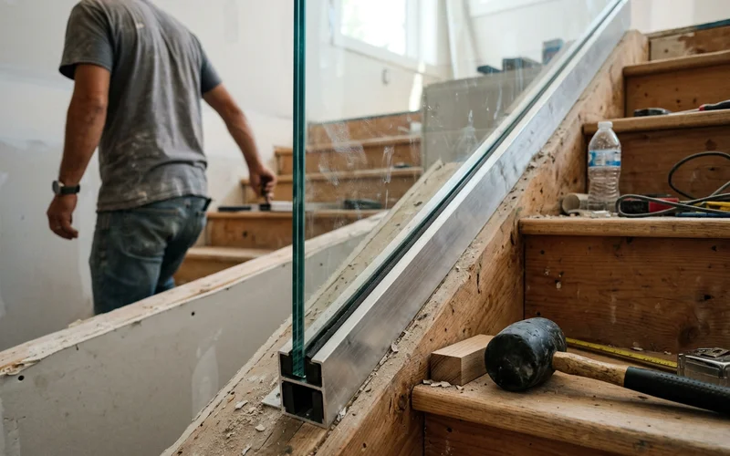 12 mm tempered glass panel seated in a base shoe channel on a stair stringer