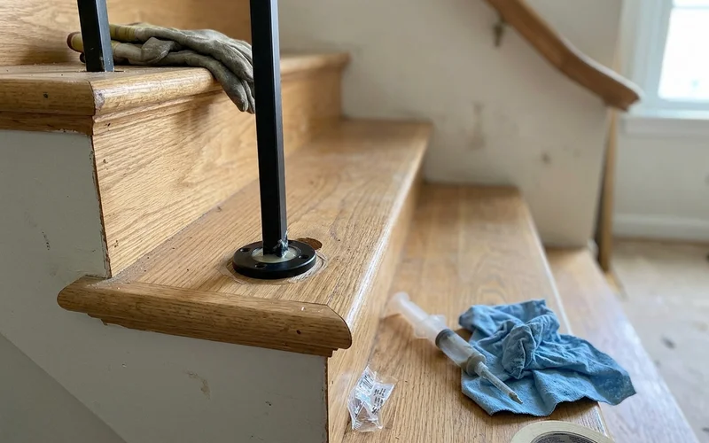 Iron baluster set in a drilled tread pocket with epoxy and a baluster shoe