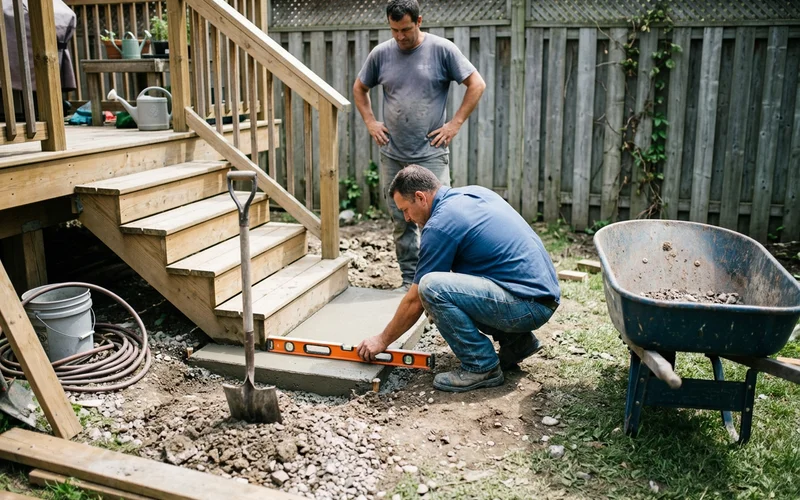 Crew checking a concrete pier footing at the base of exterior stairs