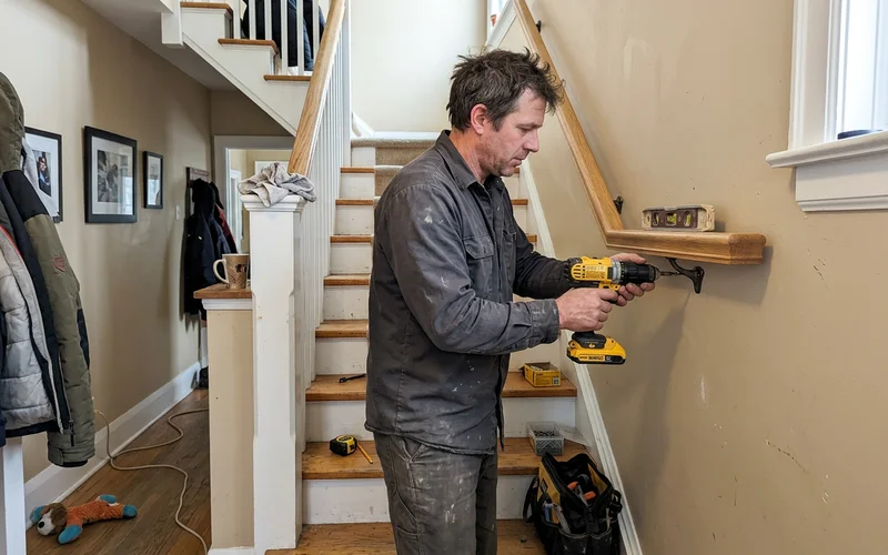 Installer fixing a wall-mount handrail bracket into a stud