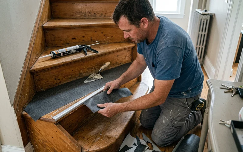 Installer setting a custom-cut vinyl tread over a metal sub-nose on urethane adhesive
