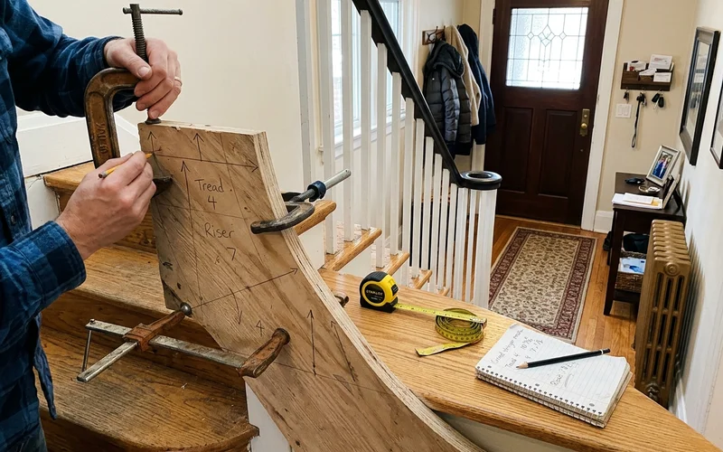 Plywood template clamped to a curved stringer during on-site measuring