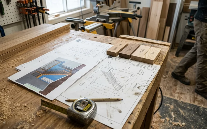 Shop drawings and a 3D render beside wood samples on a workbench