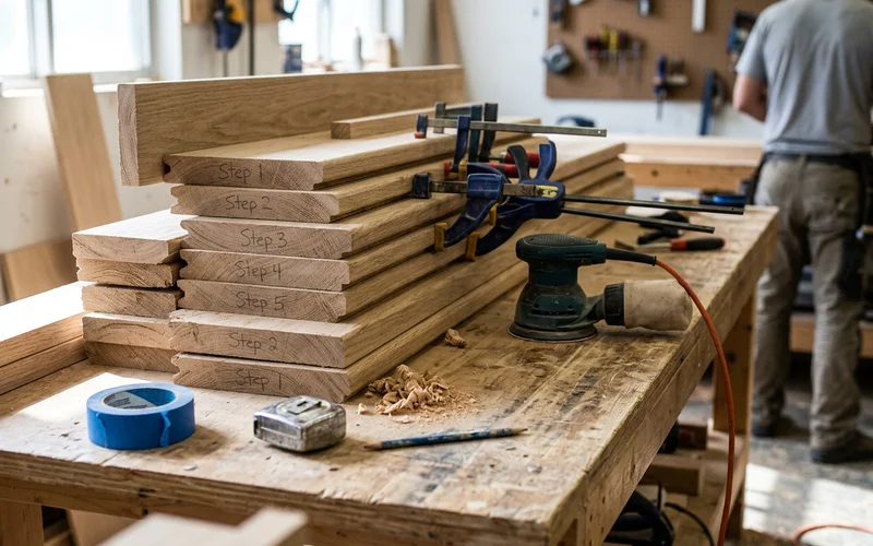 Shop-cut oak treads and risers labelled by step number