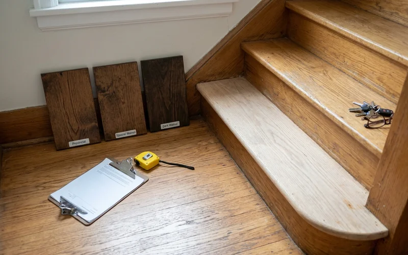 Stain samples held against the existing oak floor during an in-home estimate