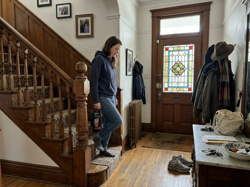 Restored oak staircase in an Edwardian Toronto front hall