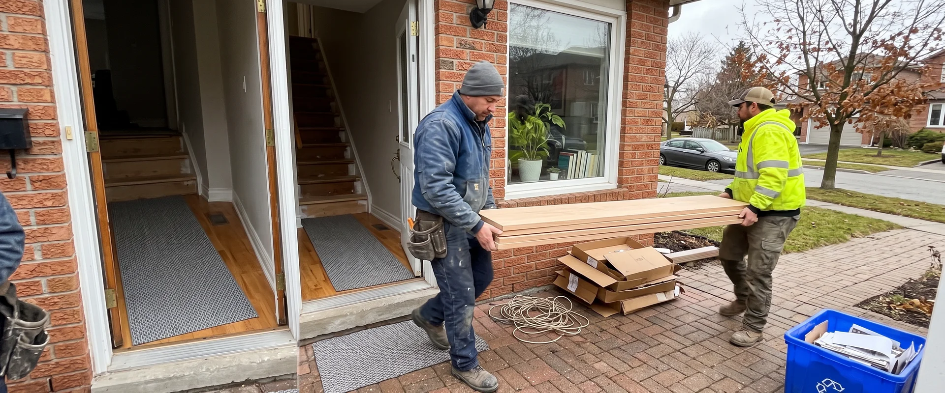 Two-person crew carrying new oak stair treads into a GTA home