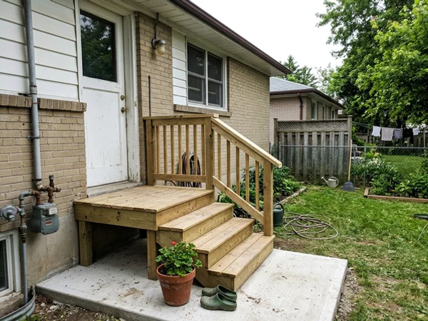 Same back steps rebuilt in pressure-treated lumber with a guardrail