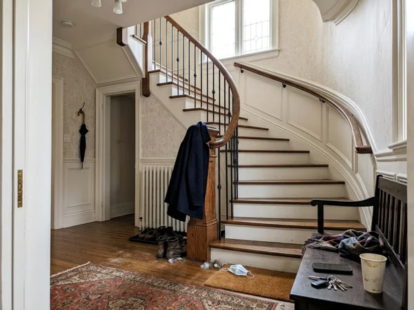 Same curved staircase after renovation with a new continuous handrail