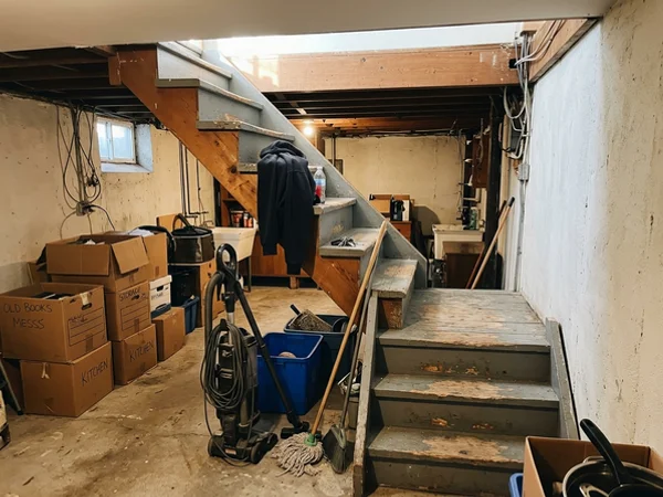 Steep open basement stairs with no handrail before renovation
