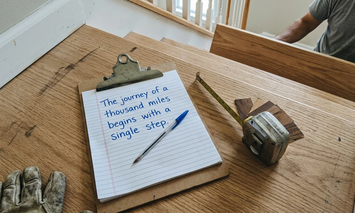 Written staircase quote on a new oak tread beside a tape measure and stain samples