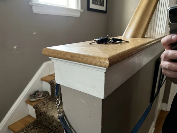 Close-up of a hardwood cap bullnose and mitred return