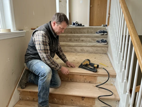 Crew member dry-fitting a custom-cut oak cap tread