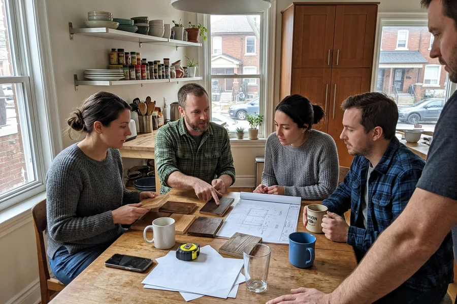 The team reviewing stain samples and drawings with homeowners at an estimate