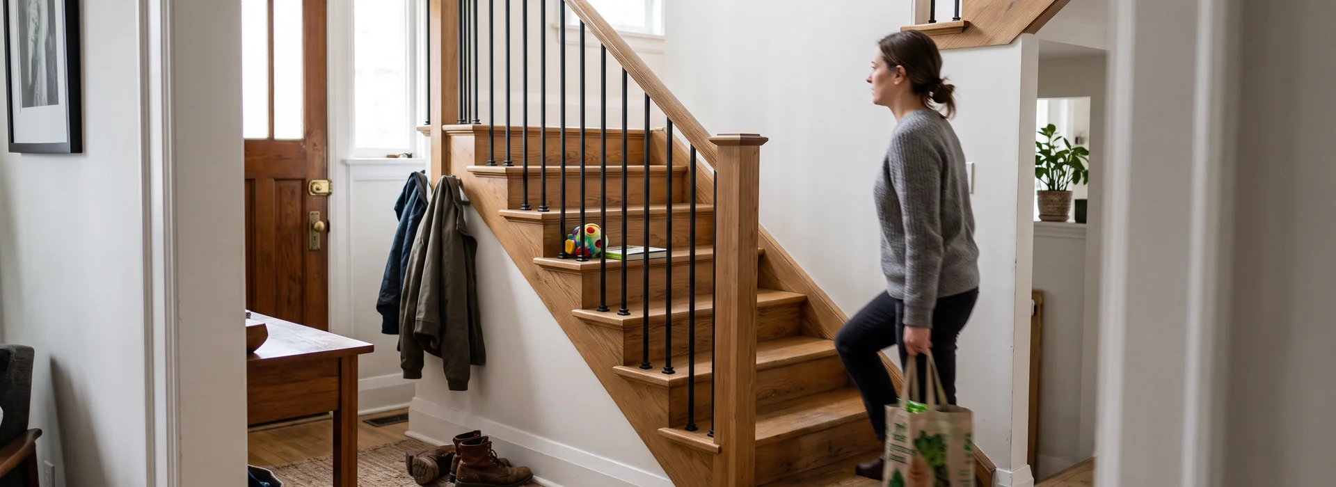 Finished oak staircase with black iron balusters in a Toronto home
