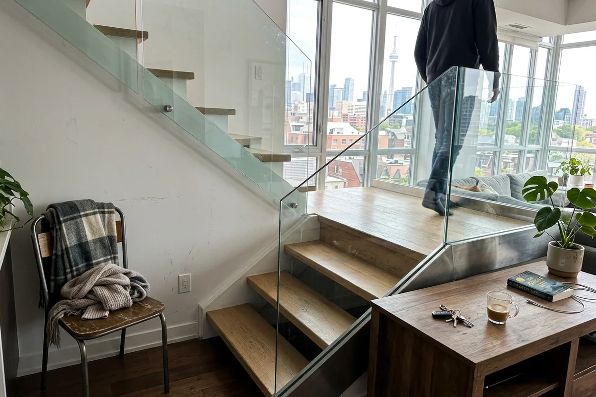 Frameless glass stair railing beside white oak open-riser treads in a Yorkville condo loft