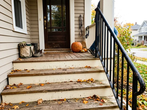 Rebuilt front porch stairs with a black handrail