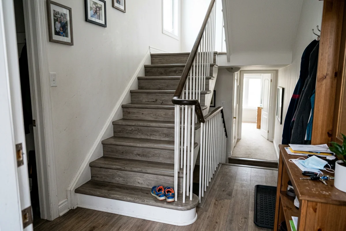 Luxury vinyl plank stair capping with matching bullnose nose on a Toronto townhome staircase