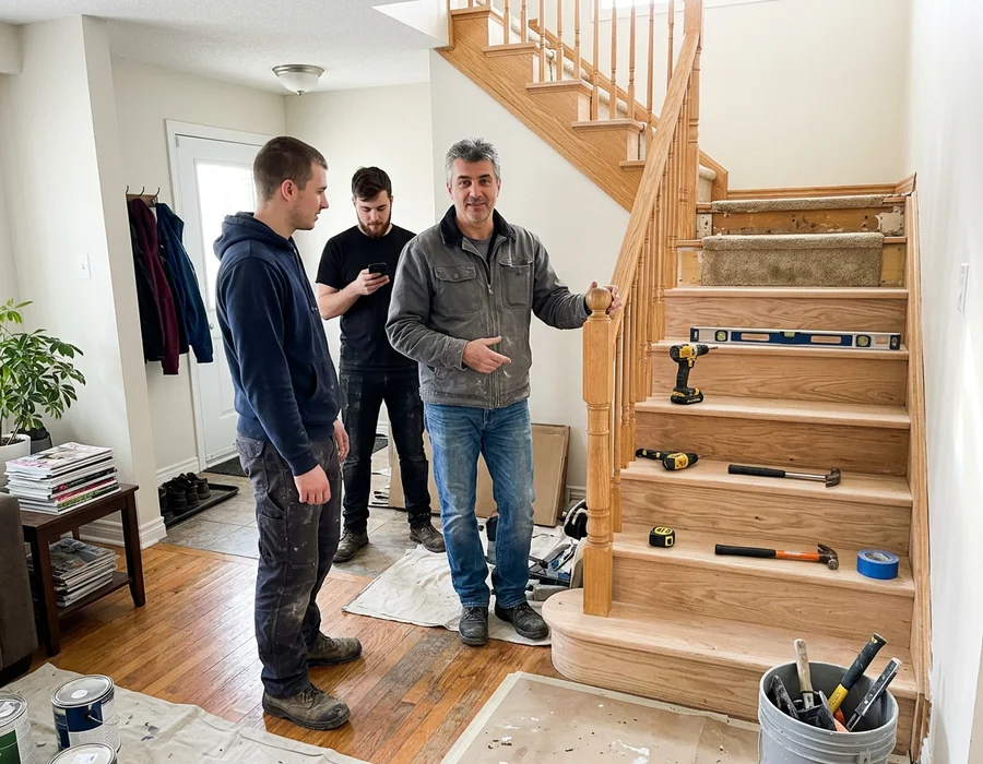 Andriy Kovalenko with his two-person crew beside a half-finished oak staircase in Etobicoke