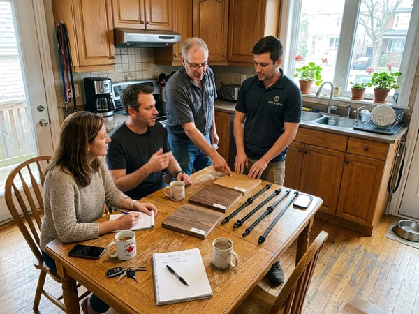 Homeowners and crew reviewing tread samples and baluster options