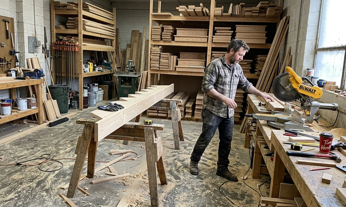 Oak treads, a saw station and a stringer on sawhorses inside the Etobicoke shop