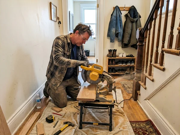 Installer cutting a replacement tread to length