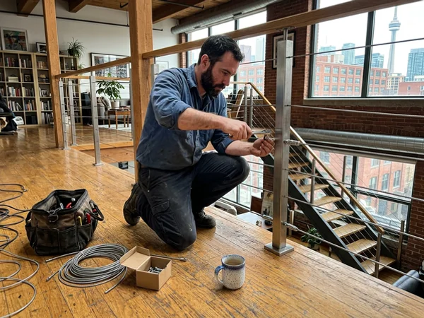 Installer tensioning cables at an intermediate post