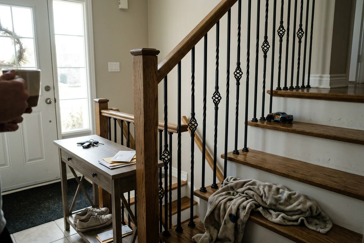 Matte black iron balusters under an oak handrail in an open foyer staircase