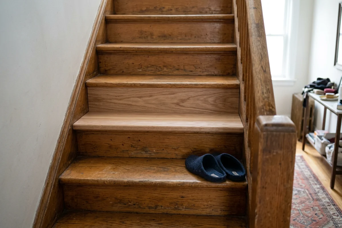 New colour-matched oak tread installed between older treads on a hardwood staircase