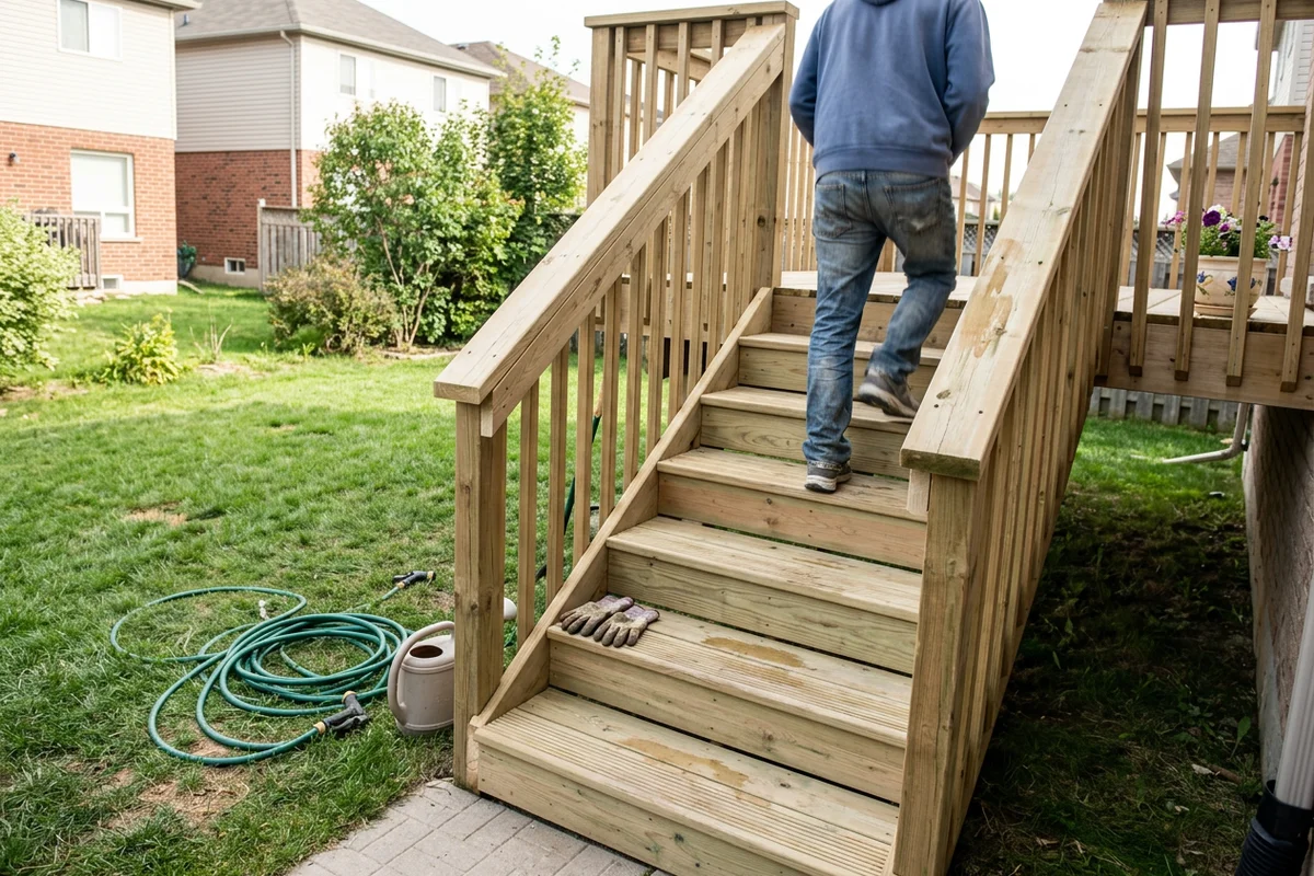 Rebuilt pressure-treated deck stairs with a guardrail in a Whitby backyard