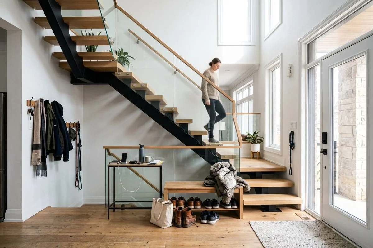 Open-riser white oak staircase on a steel mono-stringer with a glass guard