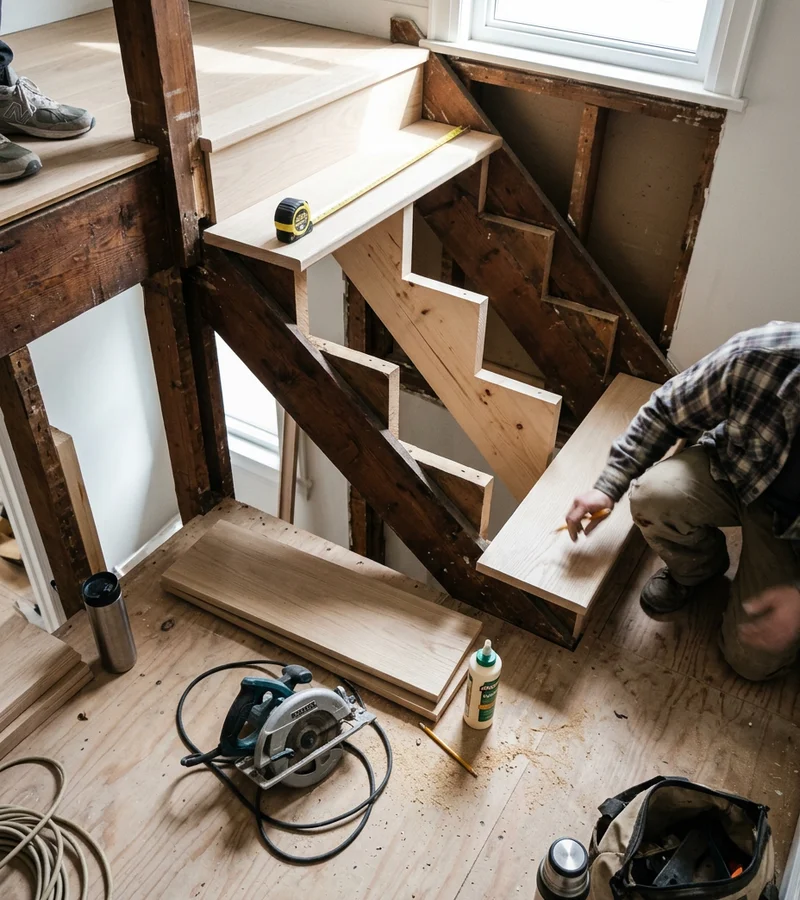 Staircase opened to the stringers during a full renovation in Bloor West Village