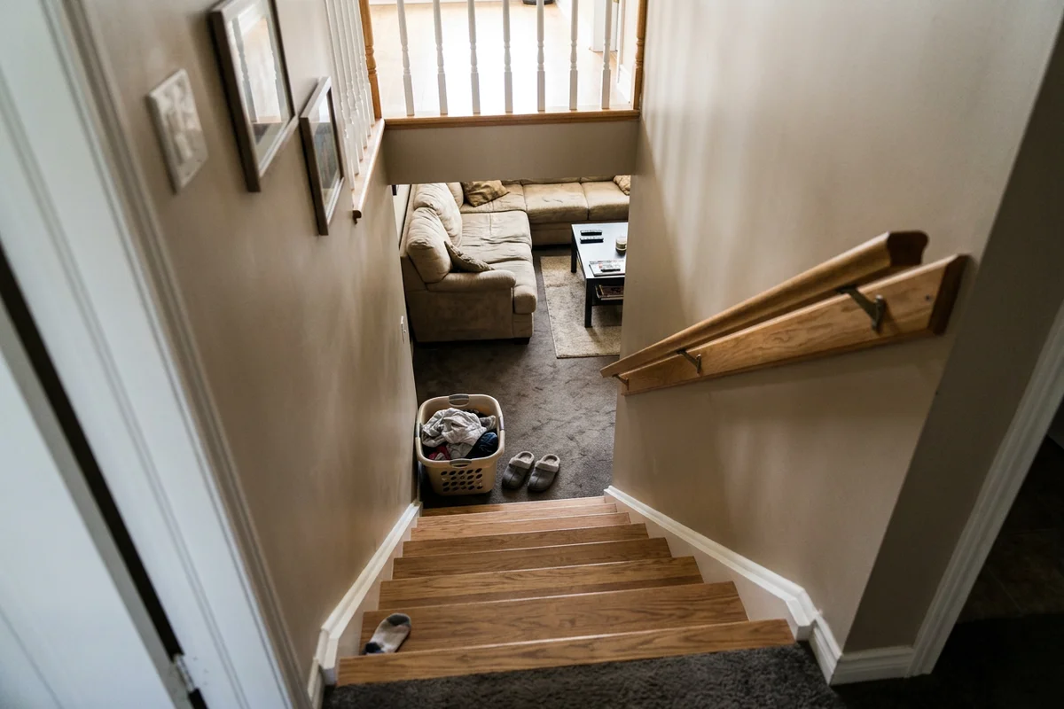 Rebuilt basement staircase with a wall-mounted oak handrail in a finished Scarborough basement