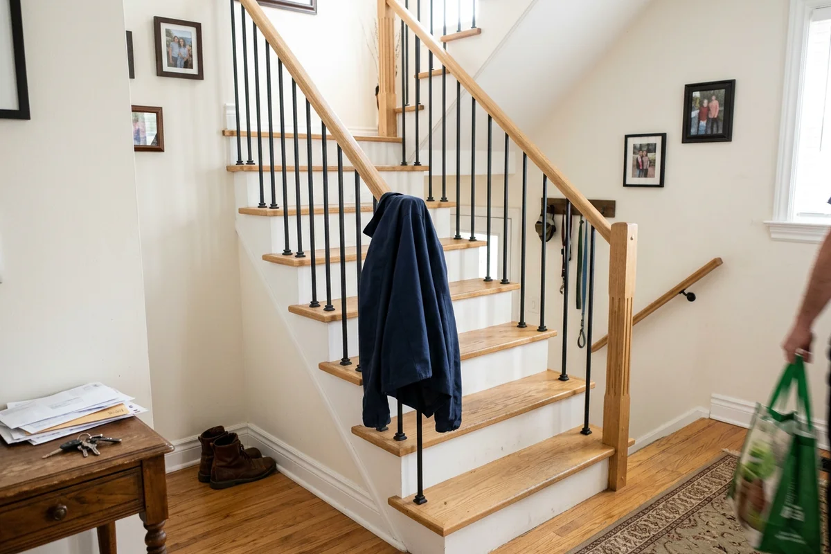 Renovated straight-flight oak staircase with iron balusters in an Etobicoke home