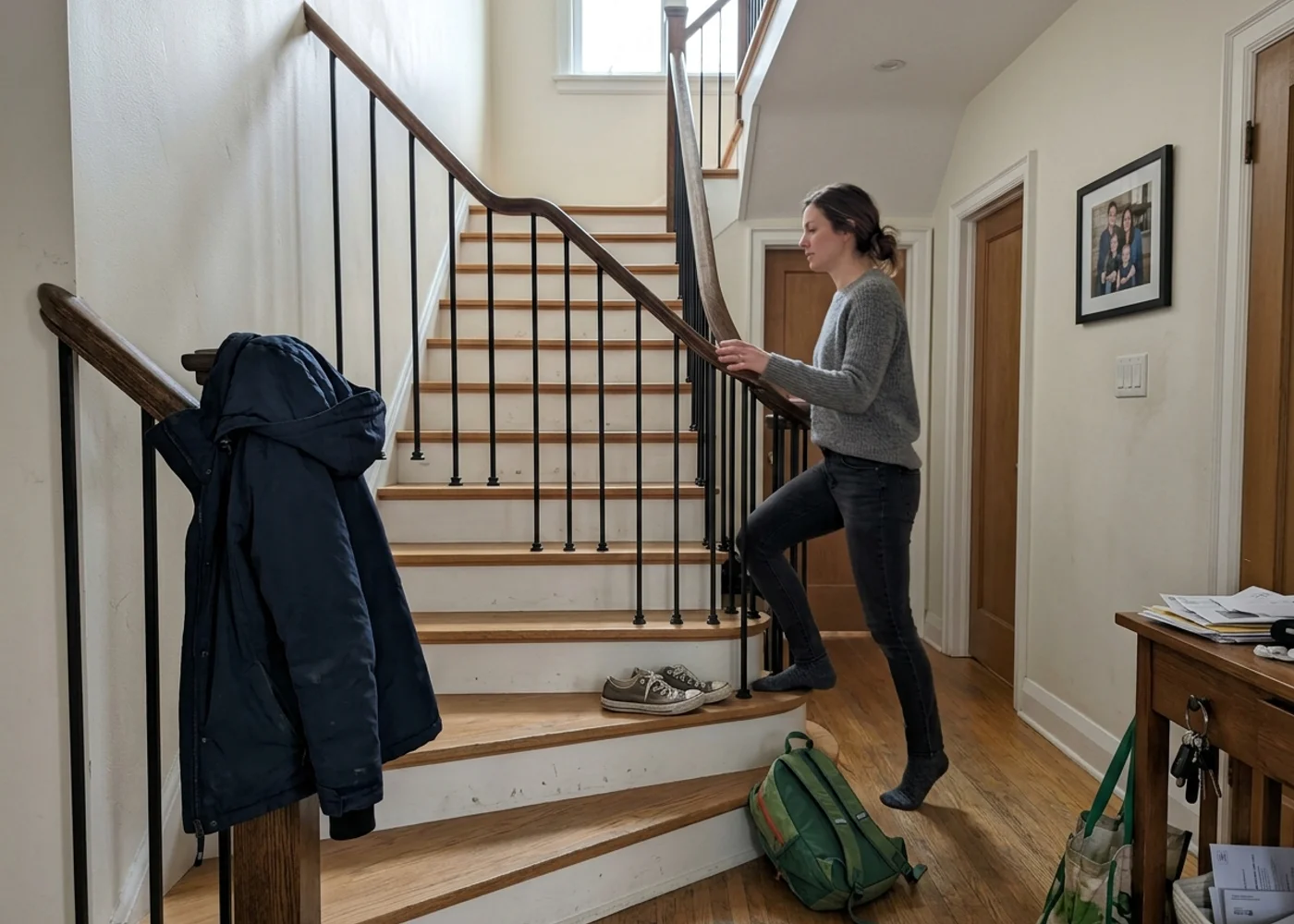 Renovated staircase with white oak treads and black iron balusters in an Etobicoke home