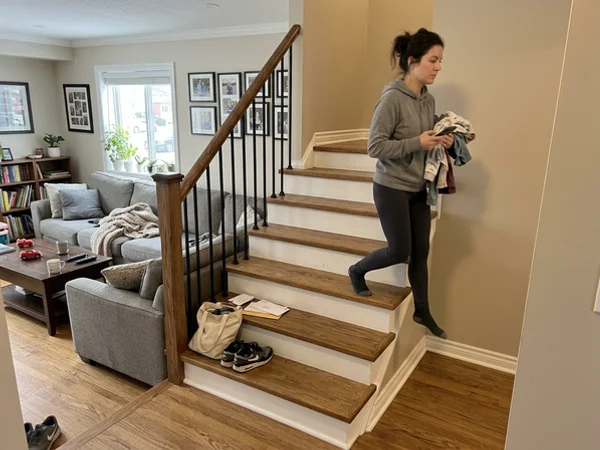 Renovated split-level half flight with black balusters