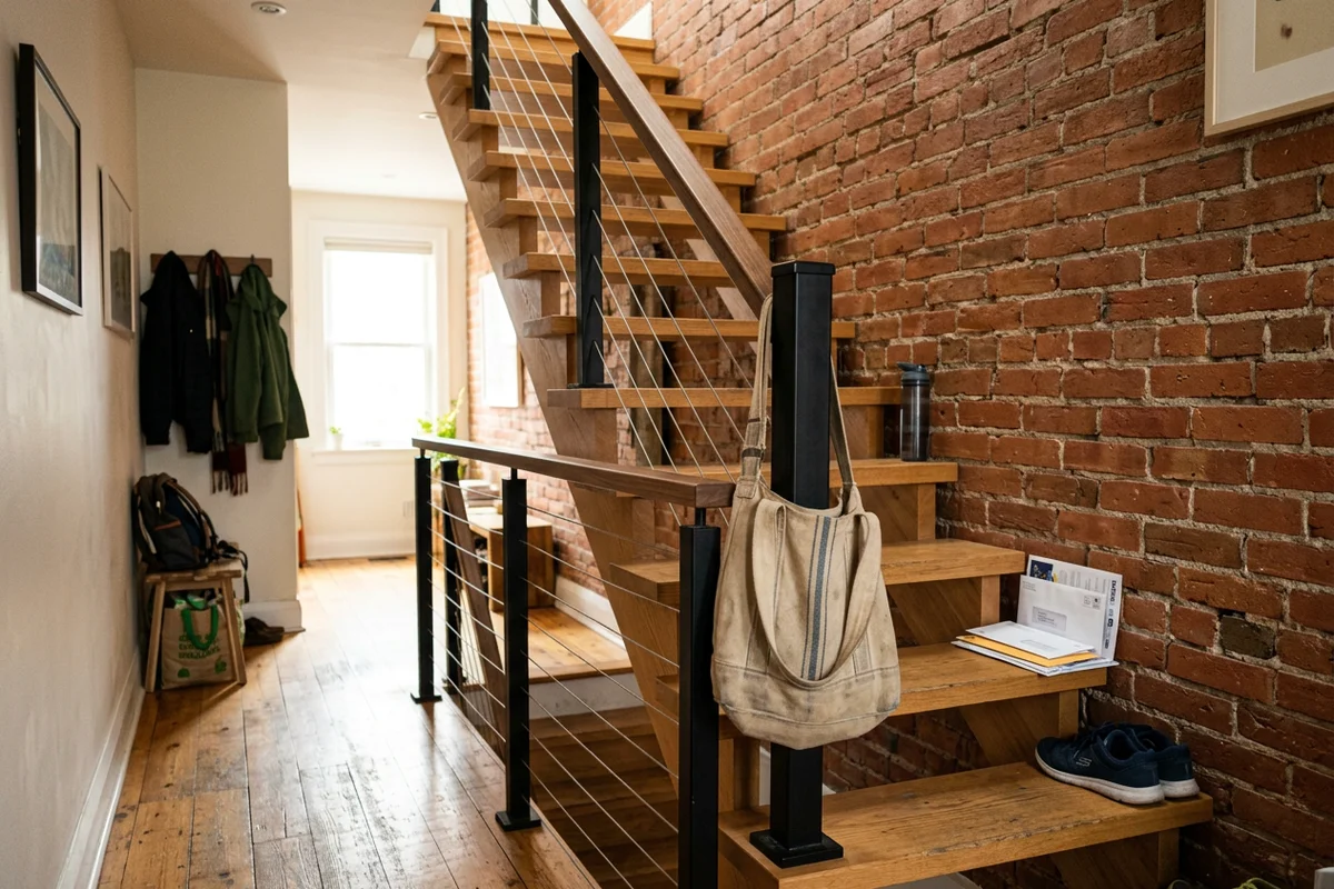 Stainless cable stair railing with black posts and a walnut top rail in a Leslieville home