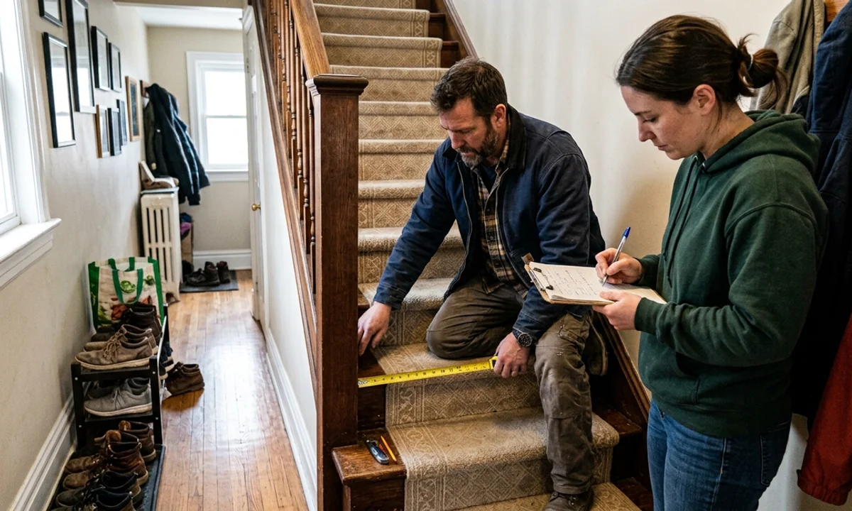 Measuring a carpeted staircase during a free in-home estimate