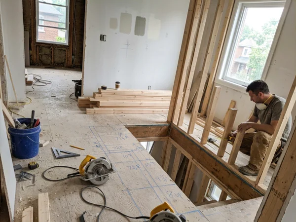 Framed stair opening with chalk lines marking the new layout