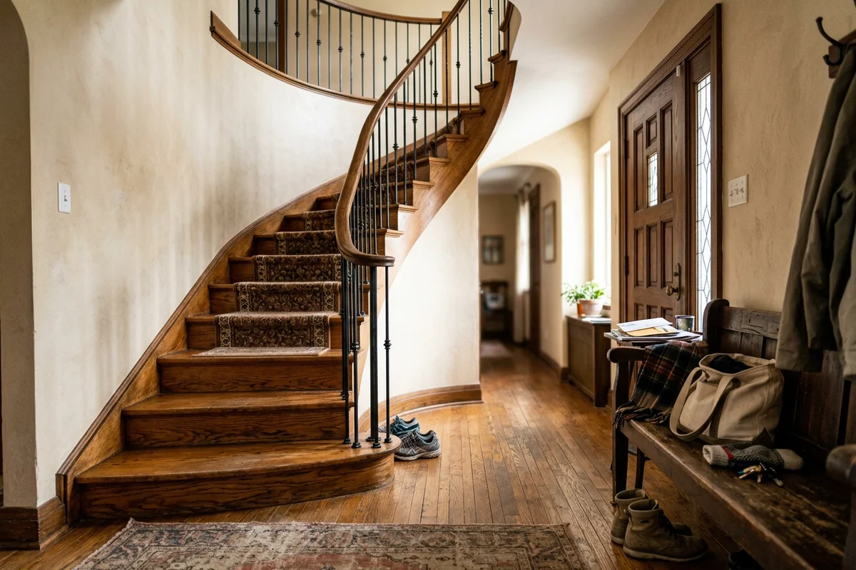 Curved oak staircase with a continuous handrail and iron balusters in a Kingsway front hall