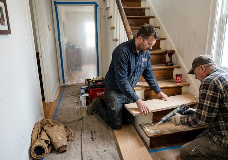 Two-person crew fitting a new oak tread behind a dust barrier