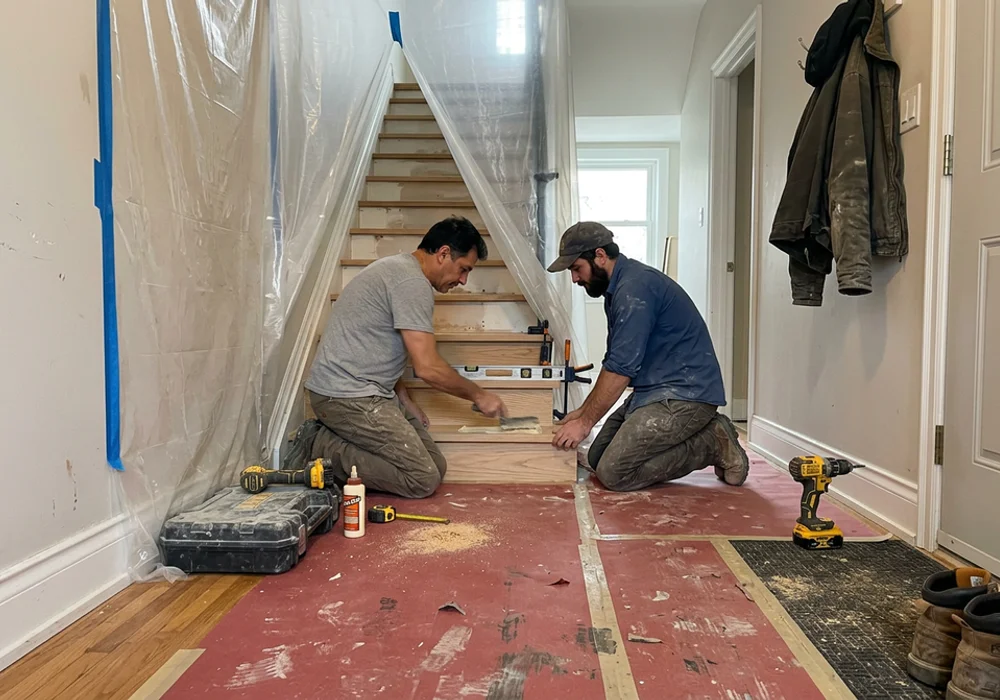 Two-person crew installing white oak treads behind a dust barrier